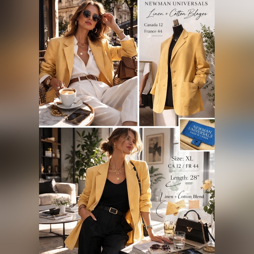 Newman Les Universals Linen Cotton Blazer Sand Yellow US 12 FR 44 Tailored Chic